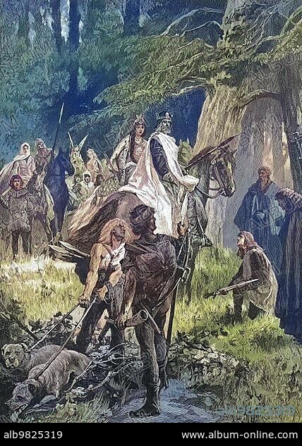 Otto I; traditionally known as Otto the Great; was German King and Holy Roman Emperor from 936; here he awards his son Ludolf; Historical; digitally restored reproduction of a 19th century original.