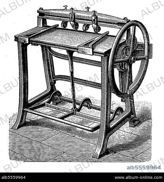 Buchbindereimaschinen 1890: Ritzmaschine, digital restaurierte Reproduktion einer Originalvorlage aus dem 19. Jahrhundert, Originaldatum nicht bekannt.