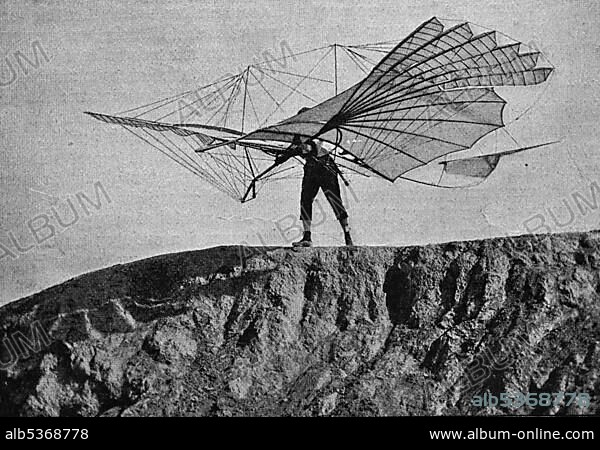 Lilienthal's flying apparatus, Karl Wilhelm Otto Lilienthal, 1848-1896, German aviation pioneer, woodcut, 1888, historic engraving.