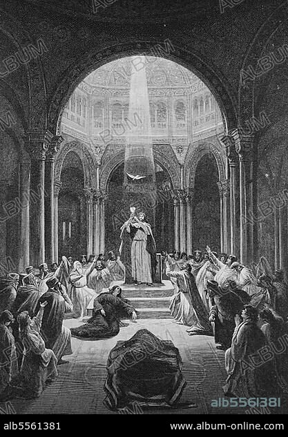 Parsifal zeigt den heiligen Gral, Werk von Richard Wagner, Historisch, digitale Reproduktion einer Originalvorlage aus dem 19. Jahrhundert, Originaldatum nicht bekannt.