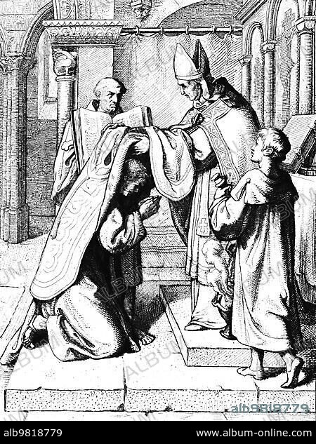 Martin Luther is solemnly ordained priest; Germany; celebration; consecration; church room; columns; cloak; 16th century; historical illustration c. 1860; Europe.