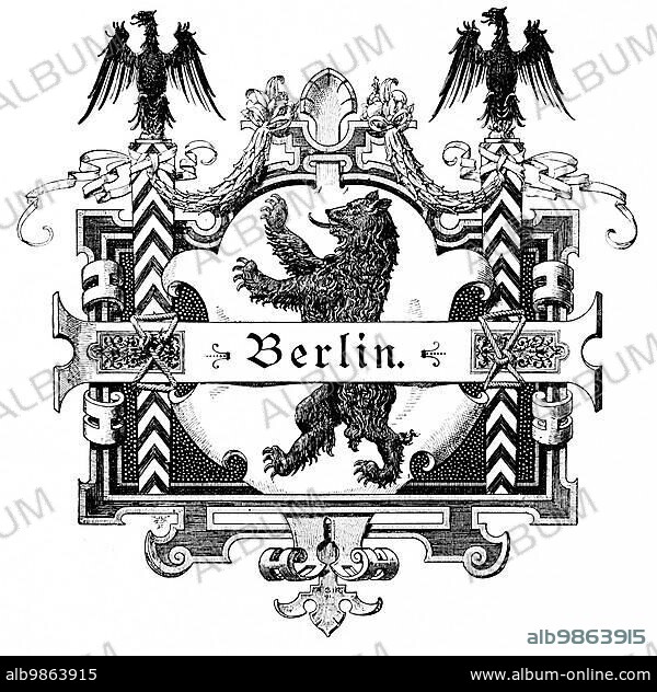 Emblem, Berlin, symbolism, Berlin bear standing, eagle, heraldic animal, ornamentation, Germany, historical illustration around 1989, Europe.