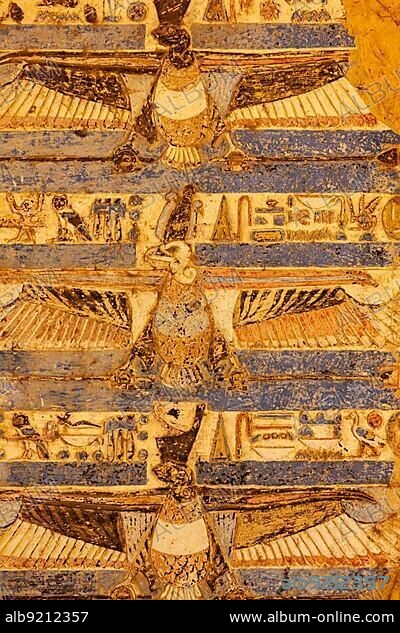 Night view of the egyptian fresco at the ceiling of Temple of Sobek and Horus in Kom Ombo, Aswan Governorate, Egypt, Africa.
