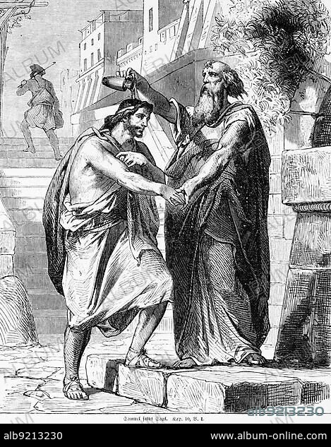Samuel anoints Saul, anointing, men, outdoors, city, city wall, pour, oil, glass, head, kiss, prince, heir, God, stairs, Bible, Old Testament, First Book of Samuelis, chapter 10, verse 1, historical illustration c. 1850, Middle East.
