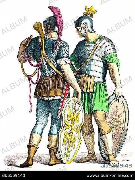 Münchener Bilderbogen, Kostüme, Römische Krieger, Römer, Soldat Rüstung, Schilde, Helm, Blechblasinstrument Cornu, Porträt, zwei Personen, farbige historische Illustration 1890.