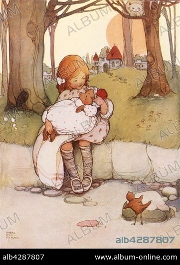 Illustration by Mabel Lucie Attwell. Alice in Wonderland, by Lewis Carroll. London, Raphael Tuck, 1910.. . Alice and the baby pig.