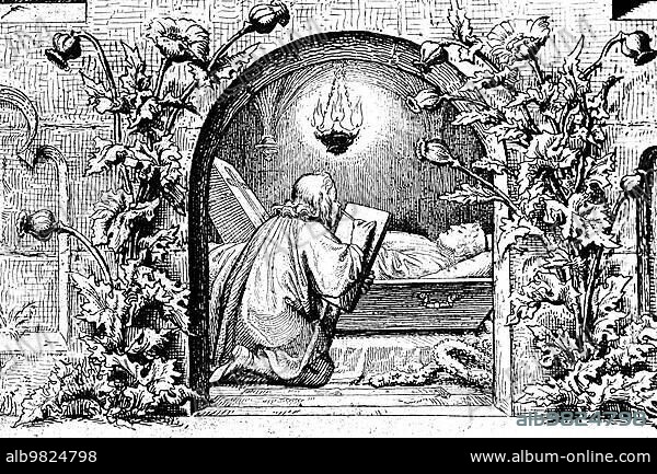 The deceased Martin Luther in a coffin; death; mourning; cross; wreath; lying; resting; light; lamp; nature; flowers; ornaments; religion; Protestantism; 18 February 1546; 16th century; historical illustration c. 1860.