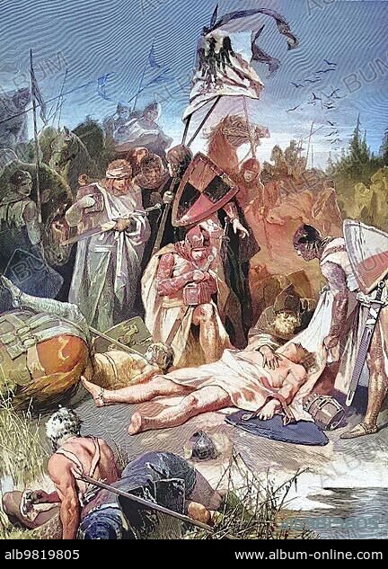 The Battle of the Field of Mars; the Morava Field; near Dürnkrut and Jedenspeigen took place on 26 August 1278. Rudolf I; also known as Rudolf of Habsburg; Rudolf of Habsburg; and the Death of Ottokar II; the Iron and Golden King; Historical; digitally restored reproduction of a 19th century original.