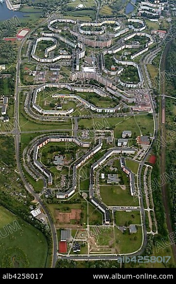 Aerial, prefabricated concrete residential buildings, Bertolt-Brecht-Strasse, Rostock, Mecklenburg-Western Pomerania, Germany, Europe.