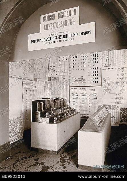 International Hygiene Exhibition; Dresden; 1911; the Imperial Cancer Research Fund; London; exhibition with laboratory samples and diagrams. Photograph by Martin Herzfeld in 1911; Saxony; Germany; Historic; digitally restored reproduction from an 18th or 19th century original; Europe.