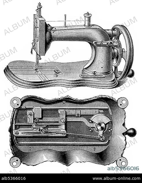 Historical graphic representation, schematic drawing of a sewing machine, Singer system, 19th century, from Meyers Konversations-Lexikon encyclopaedia, 1890.