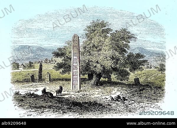 The Axum Obelisk in 1880, Aksum, in Abyssinia, now Ethiopia, Historical, digitally retouched reproduction of a 19th century original.