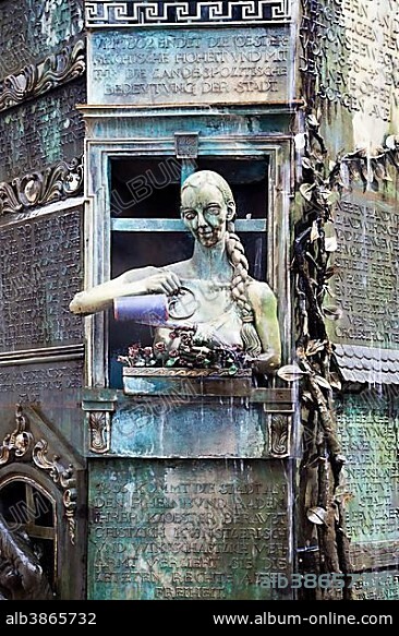 Detail view of the Muensterbrunnen fountain by artist Klaus Ringwald in Villingen, Villingen-Schwenningen, Black Forest-Baar District, Baden-Wuerttemberg, Germany, Europe, PublicGround, Europe.
