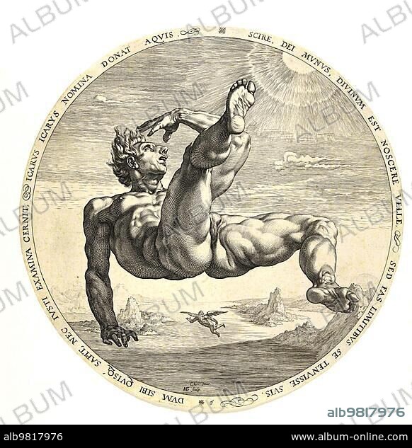 Icarus or Ikaros falls from the sky after his flight experiment fails; in Greek mythology the son of Daidalos; Historical; digitally restored reproduction from an original from prehistoric times.