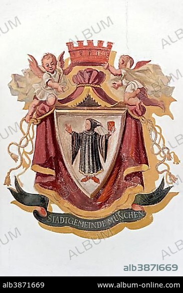 Lüftlmalerei by putti with crown and the coat of arms of the city of Munich, Münchner Kindl, Oberammergau, Upper Bavaria, Bavaria, Germany, Europe.