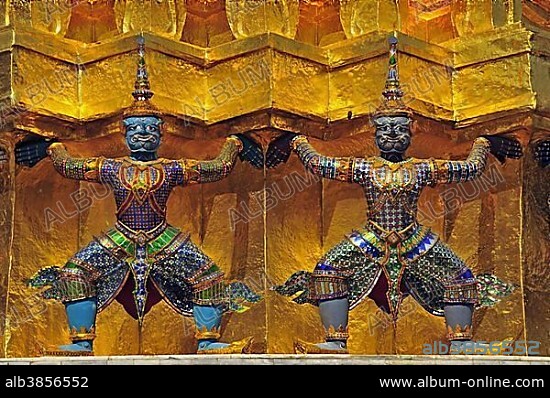 Golden Chedi in front of the pantheon, carried by twenty monkeys and demons, Wat Phra Kaeo Grand Palace (Temple of the Emerald Buddha), Bangkok, Thailand, Southeast Asia, Asia.