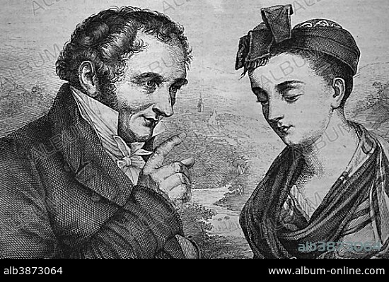 Johann Peter Hebel, 1760 - 1826, poet, and Breneli, actually Veronica Rohre, 1779 - 1869, probably his mistress, historical woodcut, circa 1870.