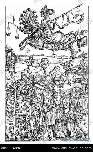 The joys of life, pen and ink drawing from a medieval house book, 17th century.
