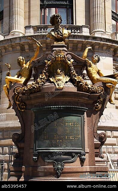 Bust of Charles Garnier in front of the opera of Paris, France, Europe.