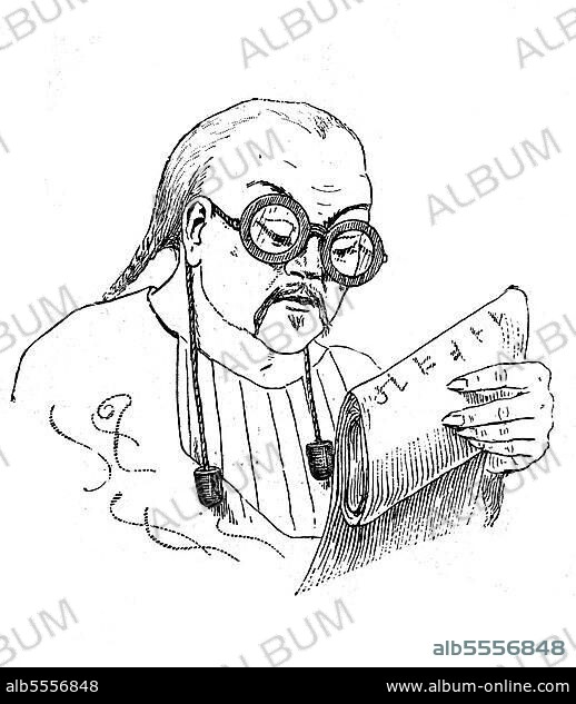 Chinese mit Brille aus dem Jahre 1836, China, Historisch, digitale Reproduktion einer Originalvorlage aus dem 19. Jahrhundert, Asia.