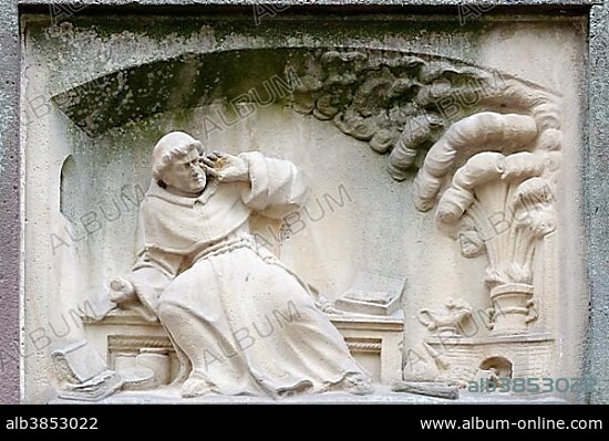 Relief of Berthold Schwarz, inventor of gunpowder, Berthold Schwarz Fountain by Josef Alois Knittel, 1855, Freiburg im Breisgau, Baden-Württemberg, Germany, Europe.