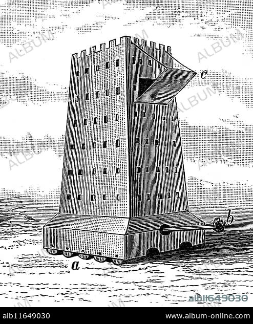 Helepole or wall tower, 350 BC, with battering ram and drawbridge, siege tower, illustration from 1890, historical, digital reproduction of an original 19th century model.