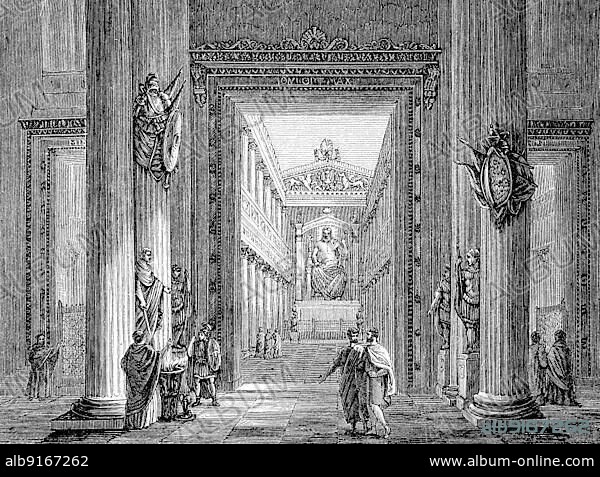 Temple of Romulus on the Roman Forum in Ancient Rome, History of Ancient Rome, Roman Empire, Italy, Historical, digitally restored reproduction of a 19th century original, Europe.