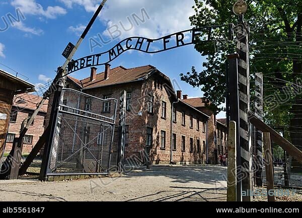 Entrance Gate, Main Camp I, Concentration Camp, Auschwitz-Birkenau, Auschwitz, Poland, Europe.