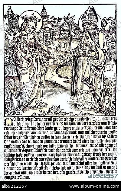 Prayer to St. Dionysius against the French disease, syphillis. Woodcut by a Regensburg master, flyleaf, ca 1710, digitally restored reproduction of an original from the 19th century, exact original date unknown.
