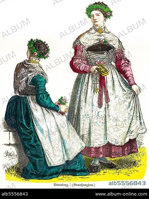 Münchener Bilderbogen, Kostüme, Starnberg, Bayern, 19. Jahrhundert, Brautjungfern, Fest, Hochzeit, Tracht, Blumenkranz, Bibel, zwei Frauen, Porträt, historische Illustration 1890.