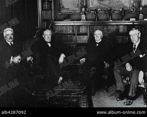 World War One.. The "Great Leaders" before the peace conference (1919).. From left to right : Vittorio Orlando (for the Italians), Lloyd George (for the English), Georges Clémenceau (for the French), Woodrow Wilson (for the Americans).