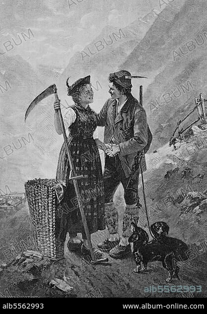 Liebevolle Begegnung von eine Bauersfrau mit Sense und Graskorb und einem Jäger mit Gewehr und zwei Dackeln, 1880, Bayern, Deutschland, Historisch, digitale Reproduktion einer Originalvorlage aus dem 19. Jahrhundert, Originaldatum nicht bekannt.