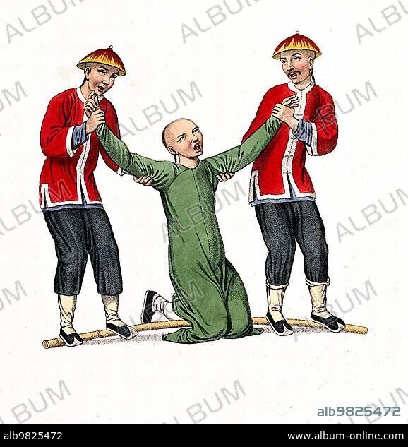 Torture; Punishment; Punishment; A Chinese man with his hands bound in a wooden grid kneels on the ground and is surrounded by two men with a long stick and one man with a rope; c. 1810; China; Historical; digitally restored reproduction from a 19th century original; Asia.