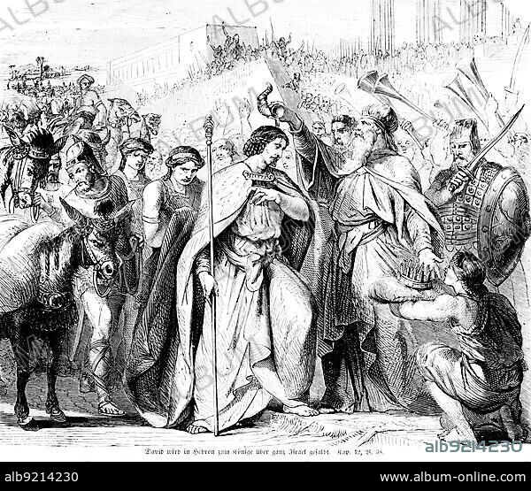David is anointed in Hebron, kings over all Israel, warriors, crowd, Judea, West Bank, trumpets, crown, donkey, sword, Bible, Old Testament, First Book of Chronicles, chapter 12, verse 38, historical illustration circa 1850.