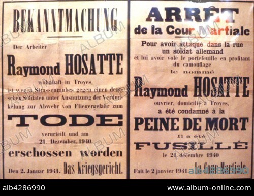 German propaganda poster announcing a death sentence. January 2, 1941. France - World War II. Private collection.