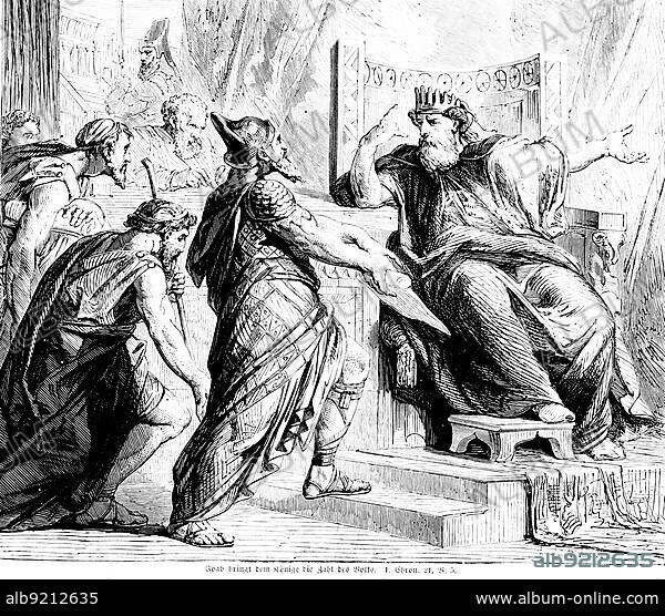 Joab brings the number of the people to the king, Israel, census, sword, throne, king, men, Bible, Old Testament, First Book of Chronicles, chapter 21, verse 5, historical illustration c. 1850, Asia.