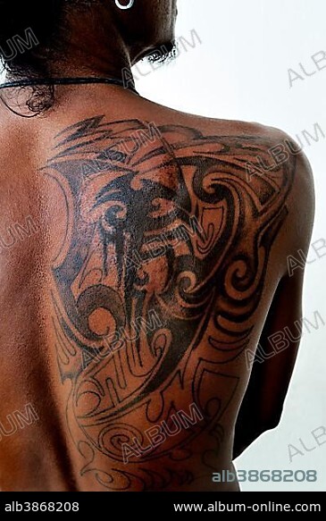 Tattoo on a man's back, Sorong, Papua Barat, West Papua, Indonesia, Asia.