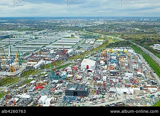 BAUMA 2016 outdoor area, fairground, exhibition halls, Aerial View, Munich, Bavaria, Germany, Europe.