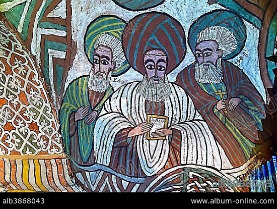The Saints Isaac, Abraham and Jacob, fresco in the Orthodox rock church Abuna Yemata Guh, Gheralta region, Tigray, Ethiopia, Africa.