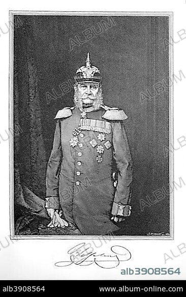 William I. or in German Wilhelm I., William Frederick Louis of Hohenzollern, 22 March 1797, 9 March 1888, was King of Prussia and German Emperor, woodcut from the year 1888, Germany, Europe.