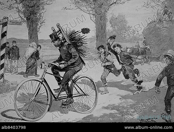 Chimney sweep on bicycle, Chimney sweep on bicycle in 1870, Historic, digitally restored reproduction of an original 19th century painting.