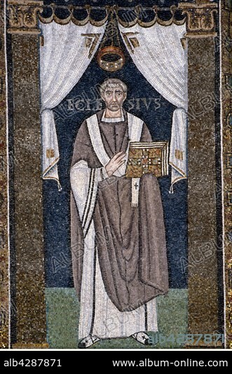 Basilica of Sant'Apollinare in Classe, Ravenna. Representation of Saint Ecclesius, Bishop of Ravenna and founder of the Basilica of San Vitale in Ravenna. 6th century.. Built in the 6th century, the basilica was consecrated in 549 by Bishop Maximianus of Ravenna and dedicated to Apollinaris, first Bishop of Ravenna.
