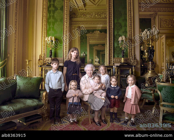 ARCHIVE: 21 April 2016 - This official photograph, released by Buckingham Palace to mark her 90th birthday, shows Queen Elizabeth II with her five great-grandchildren and her two youngest grandchildren in the Green Drawing Room, part of Windsor Castle's semi-State apartments. The children are: James, Viscount Severn James Alexander Philip Theo Mountbatten Windsor (left), 8, and Lady Louise (second left), 12, the children of Prince Edward The Earl and Sophie Countess of Wessex; Mia Grace Tindall (holding The Queen's handbag), the two year-old-daughter of Zara Phillips and Mike Tindall; Savannah (third right), 5, and Isla Elizabeth Phillips (right), 3, daughters of The Queen's eldest grandson Peter Phillips and his wife Autumn; Prince George (second right), 2, and in The Queen's arms and in the tradition of Royal portraiture, the youngest great-grandchild, Princess Charlotte (11 months), children of Prince William The Duke and Kate Duchess of Cambridge Katherine Catherine Middleton. (Credit Image: © Alpr/AdMedia via ZUMA Press Wire).