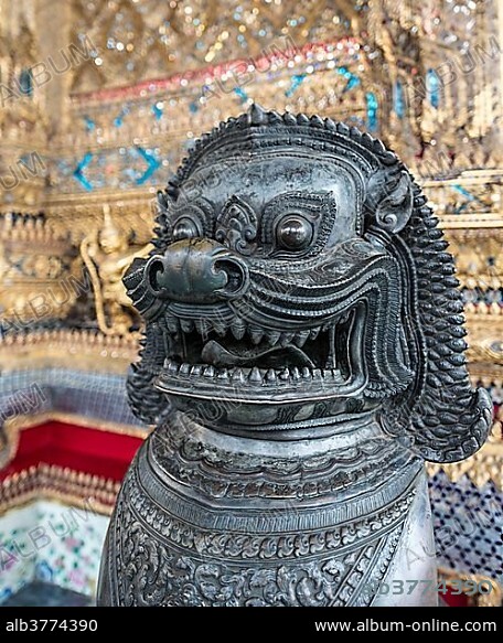 Chinese dog statue, Wat Phra Kaeo Temple, Royal Palace, Bangkok, Central Thailand, Thailand, Asia.