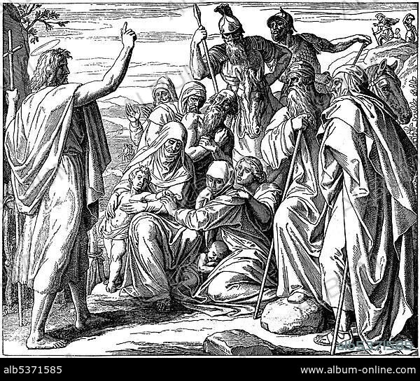 Woodcut, the predecessor of Jesus, Gospel of Matthew, 3, 1, New Testament, Catholic Picture-Bible, John the Baptist.