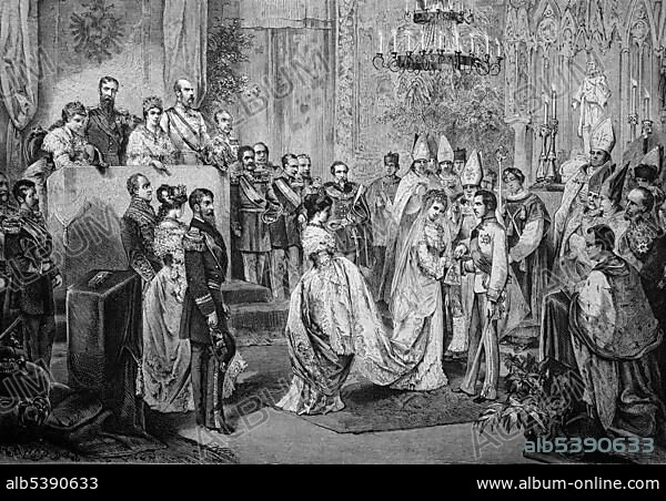 Wedding of the Crown Prince of Austria and Princess Stephanie of Belgium, 1881, historical illustration, about 1886.