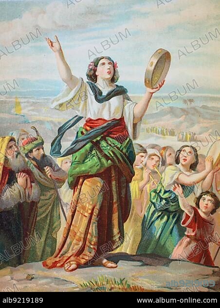 Biblical story, Miriam, Mirjam, prophetess, elder sister of Moses, chrome lithograph from a house bible, ca 1870.