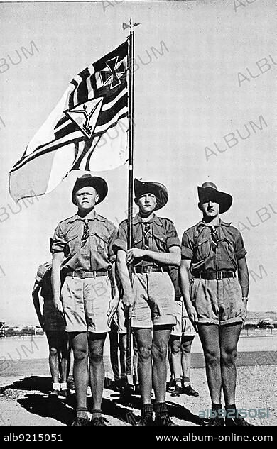 Youth in German Southwest, Colony, Namibia, with the officially approved youth flag, 1910, Historic, digitally restored reproduction of an original template from the early 20th century, exact original date unknown, Africa.