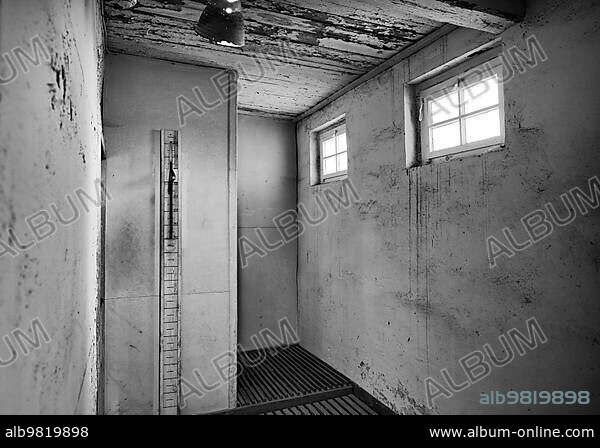 Genickschussanlage; front side; former concentration camp beech forest; today memorial; black and white; Weimar; Thuringia; Germany; Europe.
