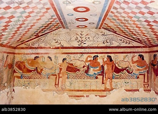 The history of the Etruscans, an Etruscan mural painting in the Tomb of the Leopards, Tomba dei Leopardi, Monterozzi Necropolis, Tarquinia, Italy, Southern Europe, Europe.